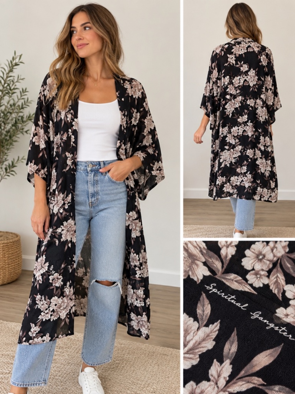 Spiritual Gangster Black Floral Long Kimono Duster Cardigan